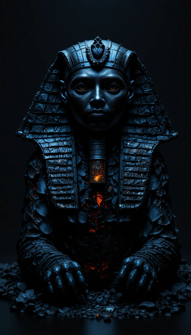 Leaf sphinx beneath a black planet in eerie cosmic darkness