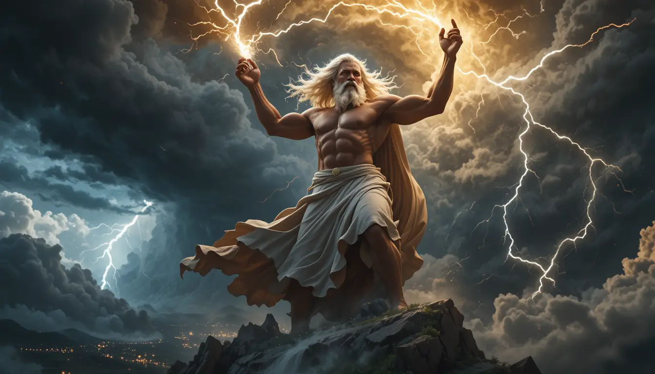 Zeus che scatena fulmini da un cielo tempestoso