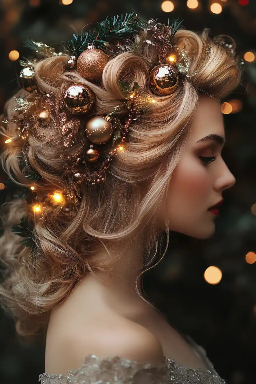 Fantasy woman with christmas lights in intricate curled hair