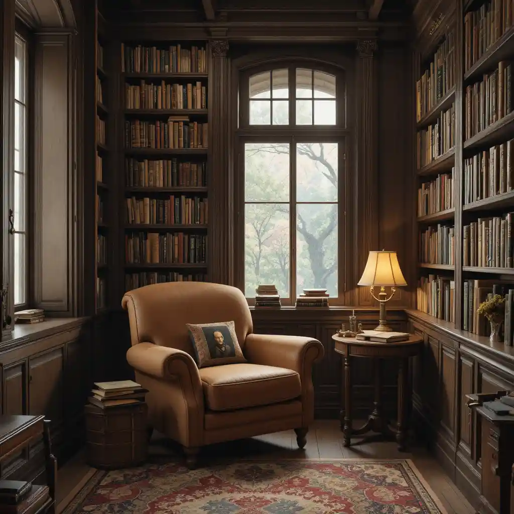 Cozy reading nook with armchair and tall bookshelves
