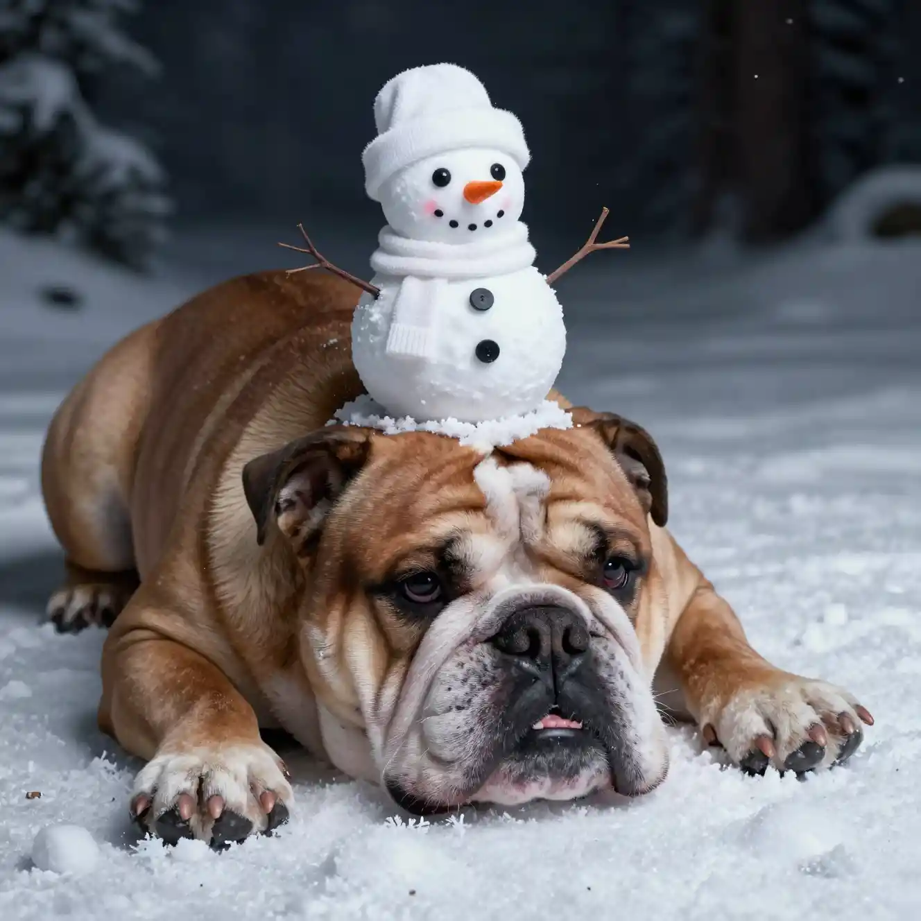 Bulldog marrone che riposa sulla neve con un pupazzo di neve giocherellone come compagno