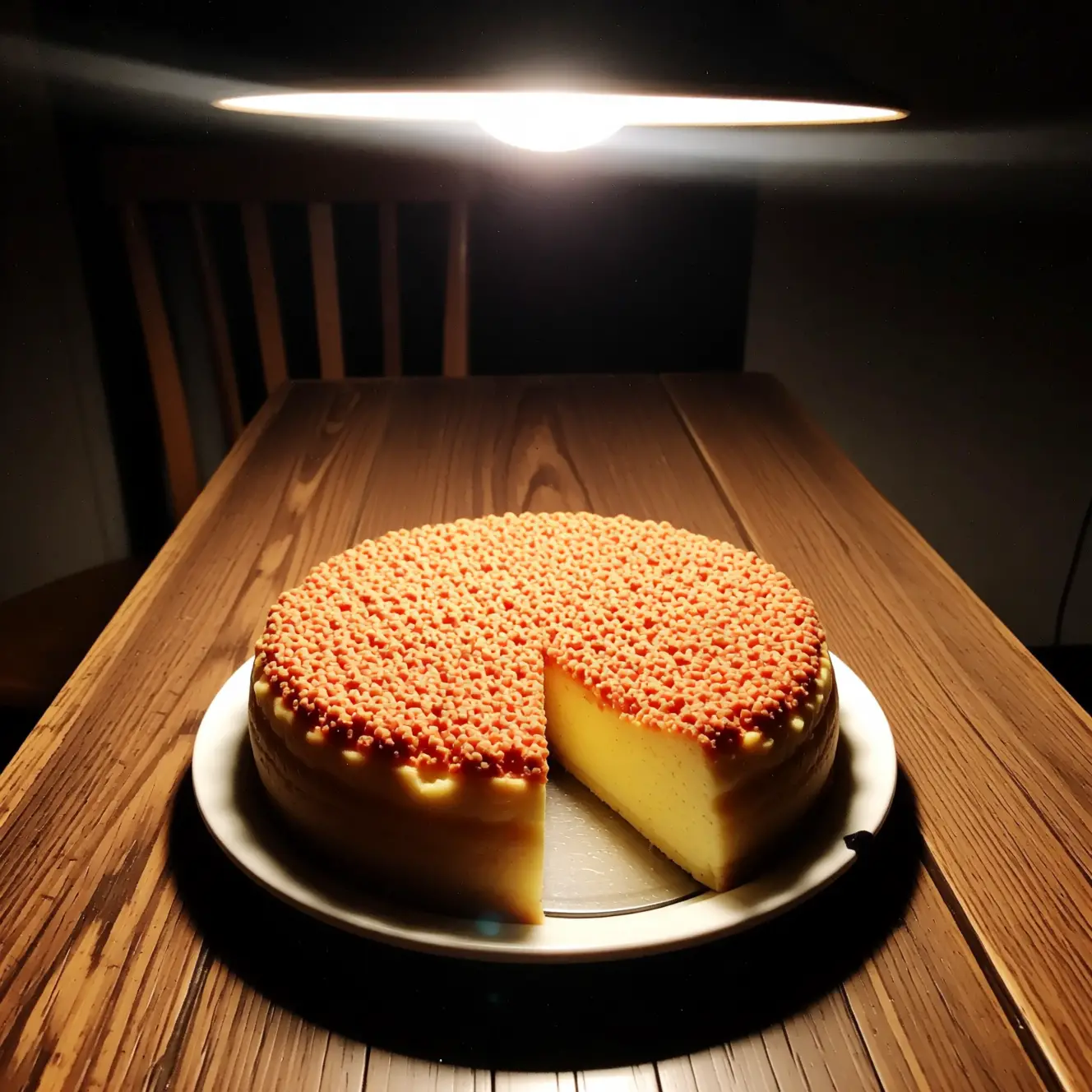 Slice of Japanese cheesecake on rustic wooden cafe table