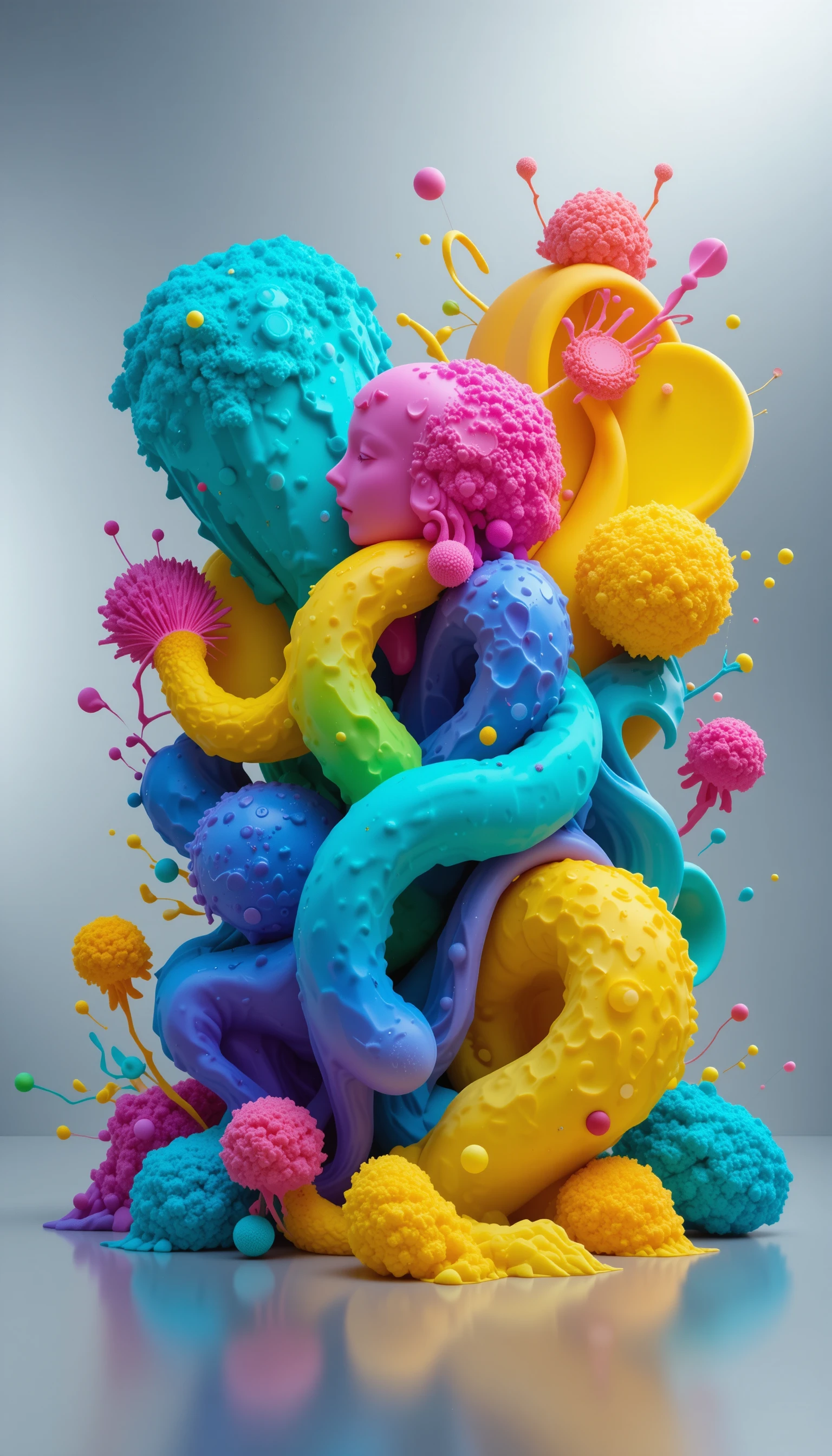 Formes Organiques 3D Colorées sur Fond Minimaliste Argenté