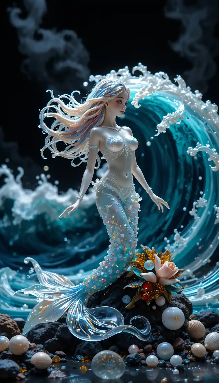 Sirène sur un Rocher au Milieu de Vagues de Mer Turquoise Lumineuses