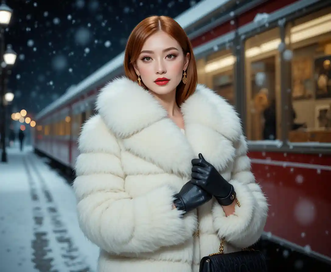 Elegante donna con cappotto di pelliccia bianco in una notte d’inverno innevata