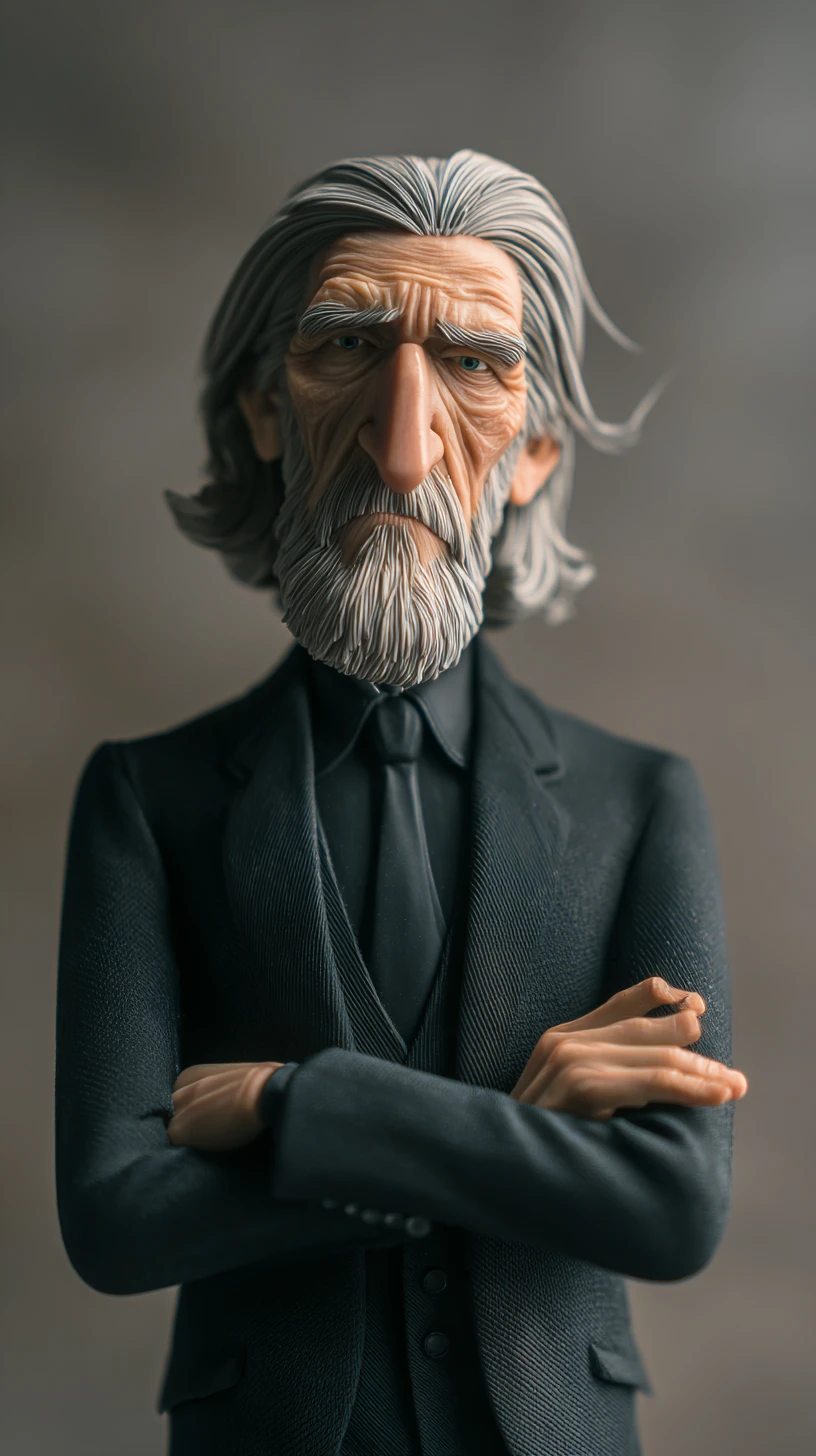 Figurine d’homme âgé en costume noir avec de longs cheveux gris