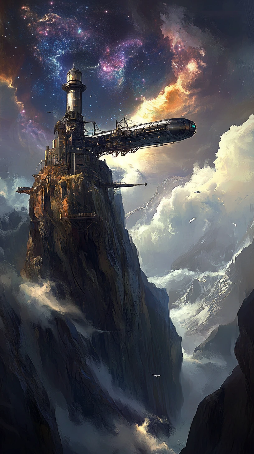 Dirigível steampunk aproximando-se de um observatório de montanha acima de uma nebulosa