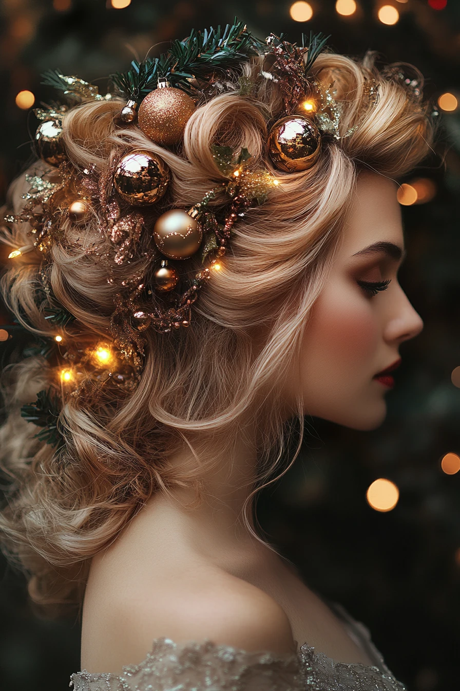 Fantasy woman with christmas lights in intricate curled hair