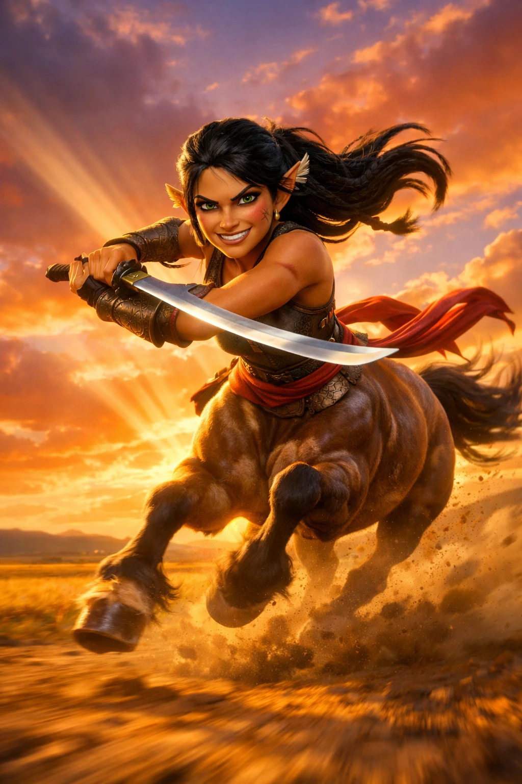 Fierce centaur warrior charging across glowing sunset plains