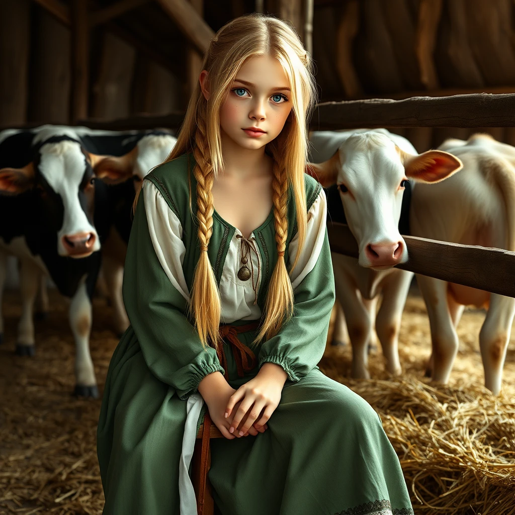 Young medieval farm girl milking a cow in a barn