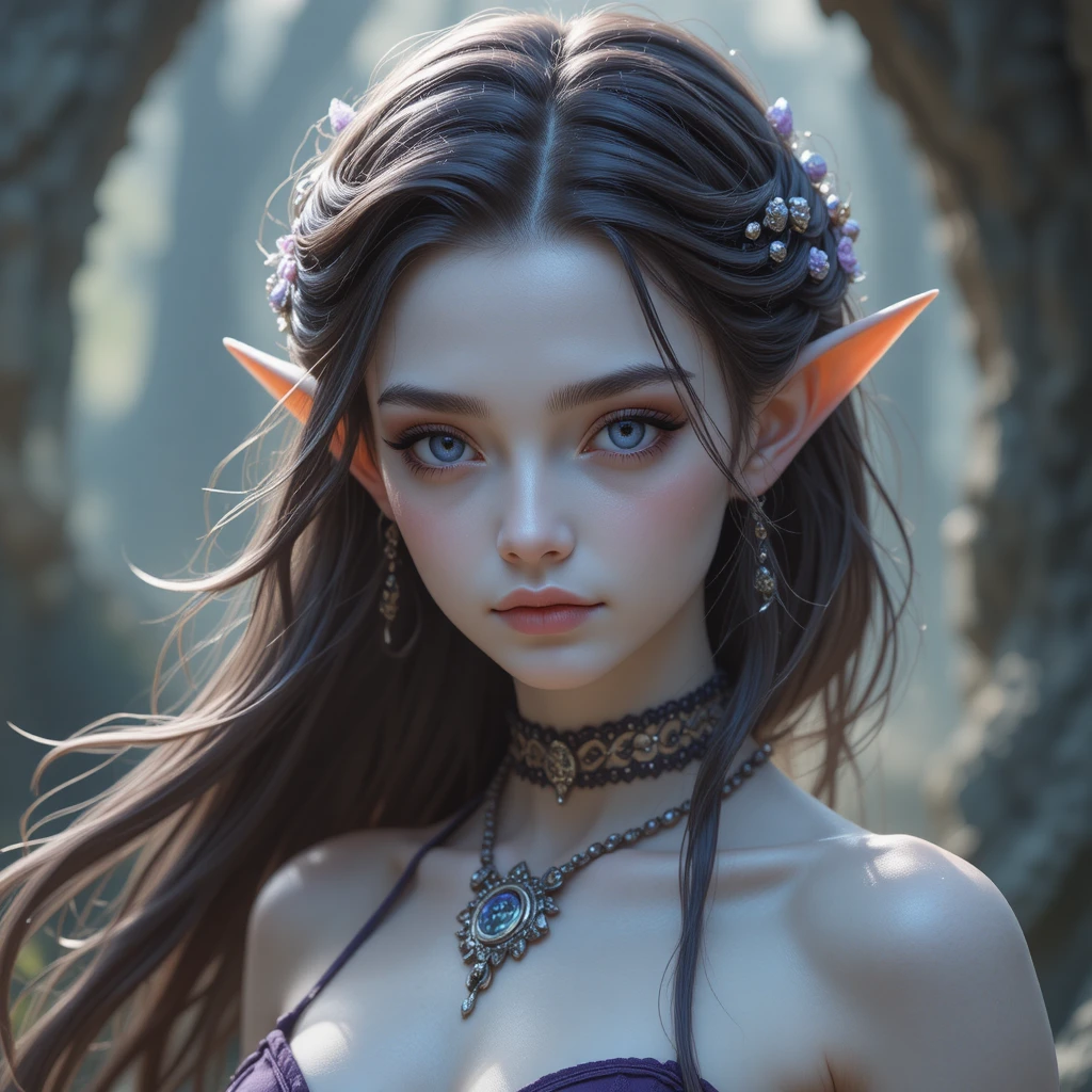 Young ivory skinned goddess with light violet eyes portrait