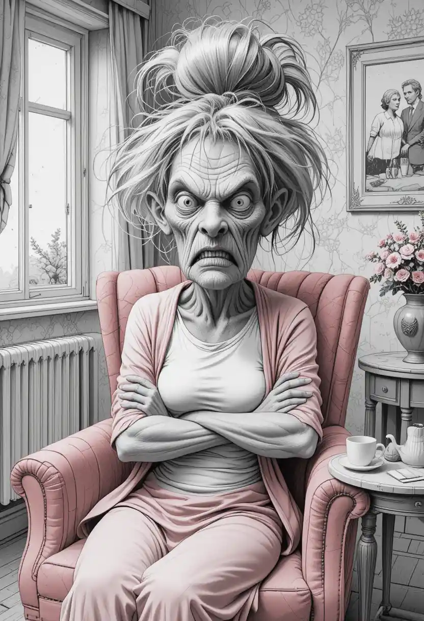 Angry elderly woman in pink armchair in cozy floral room