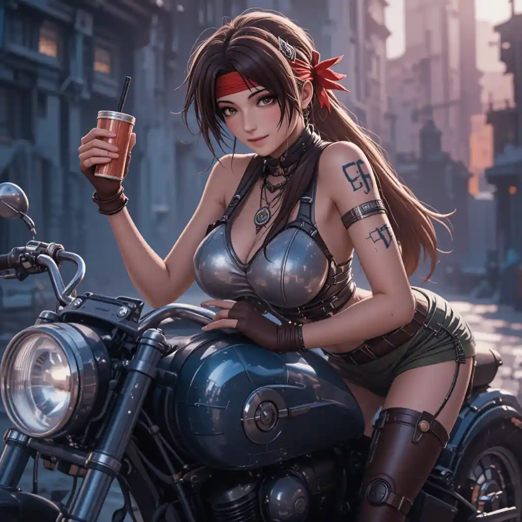 Anime-Frau, die sich über ein futuristisches Chopper-Motorrad beugt