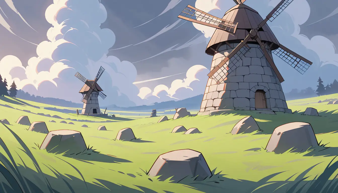Alte steinerne Windmühle auf sanftem grasbewachsenem Schlachtfeldhügel