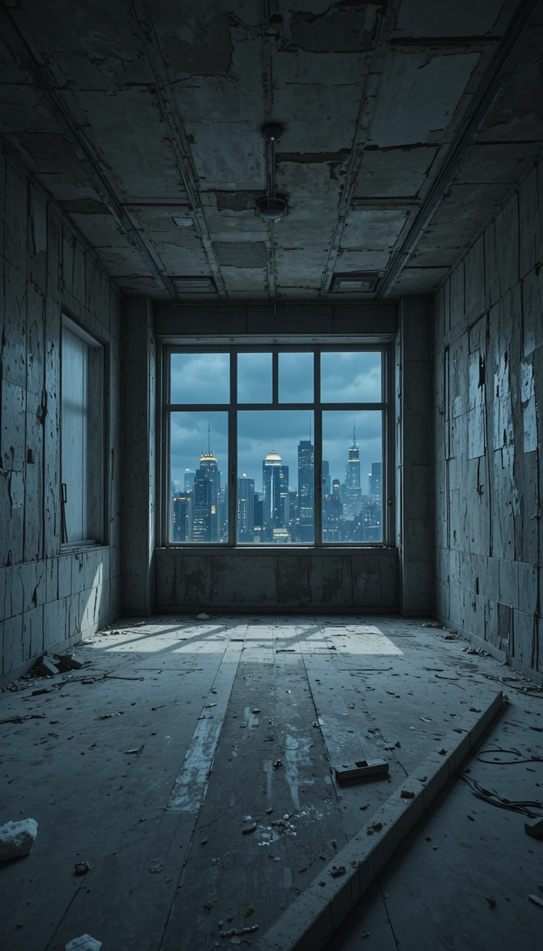Moody unfinished penthouse bedroom with concrete walls