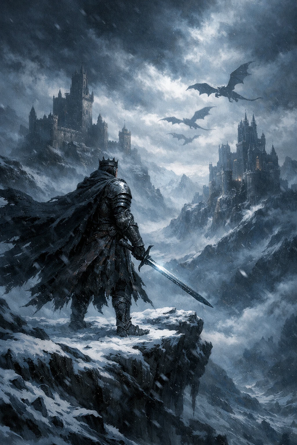 Re guerriero su scogliera innevata in tempesta dark fantasy
