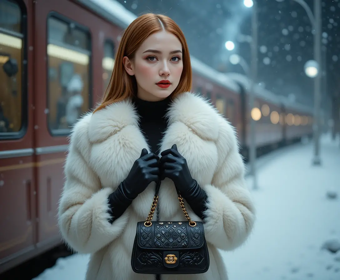 Femme élégante en manteau de fourrure blanc par une nuit d’hiver enneigée