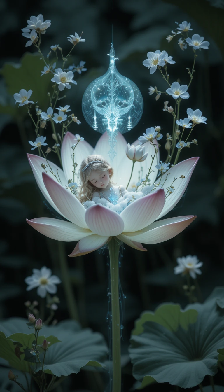 Flor de lótus em raio‑X com delicadas flores de não‑me‑esqueças