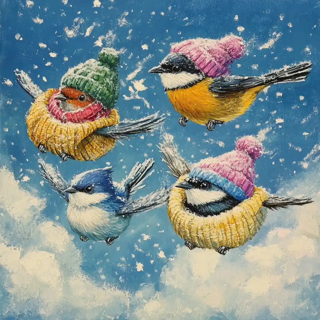 Colorful birds with winter clothes flying in snowy sky