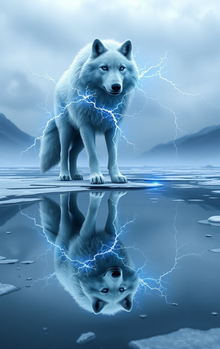 White wolf of lightning by a frozen reflective lake