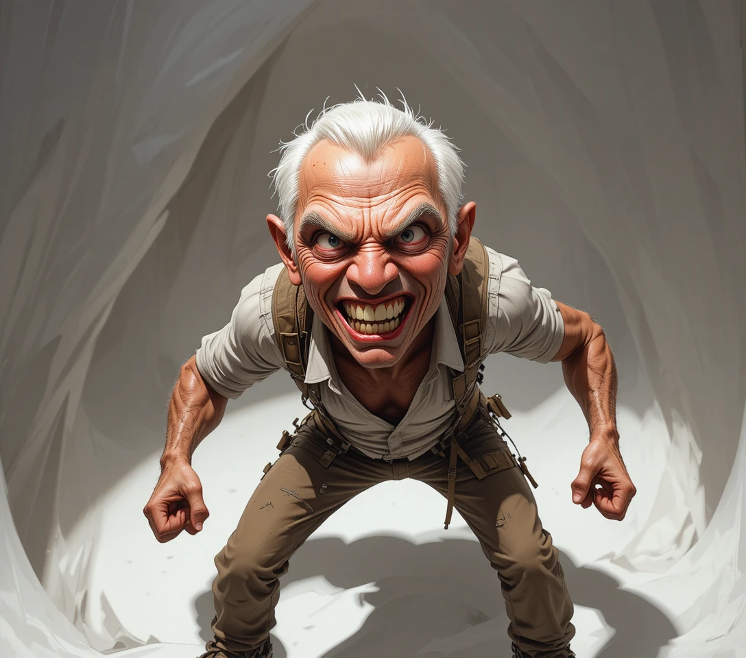 Vieux homme sinistre en dessin animé penché en avant, poing serré
