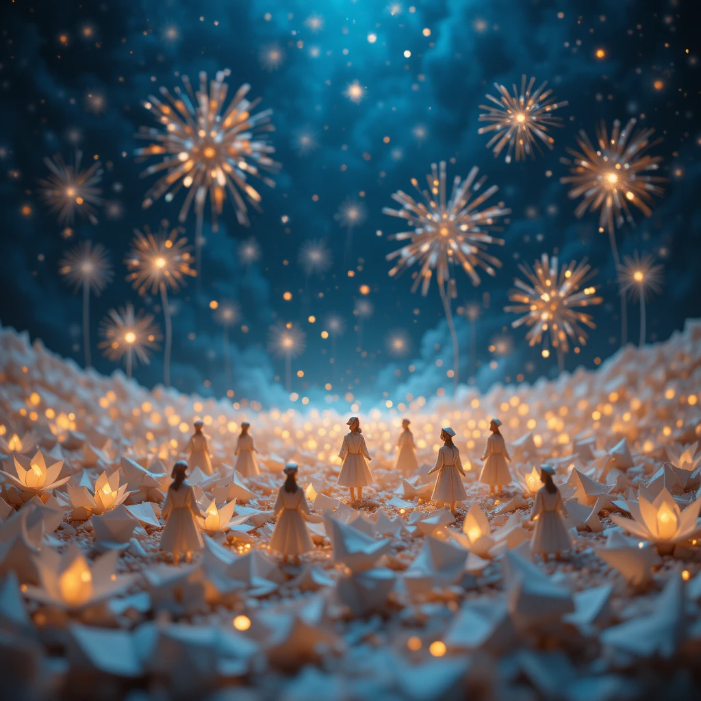 Figuras de origami em uma paisagem serena sob fogos de artifício suaves