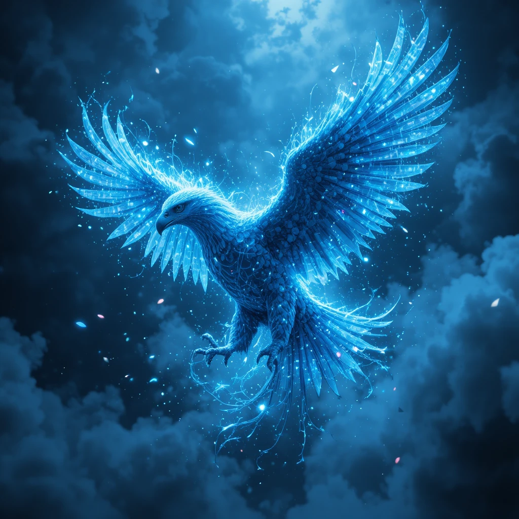 Aquila che si Dissolve in un Vortice di Particelle Ciano e Azzurre