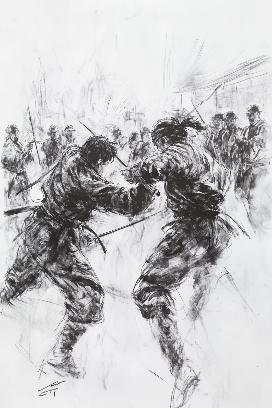 Two ninja warriors clash in a crowded village scene