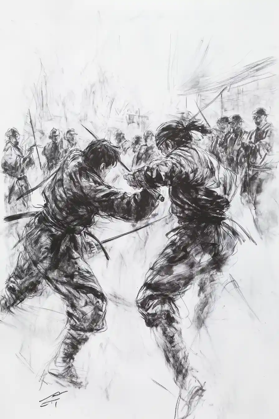 Two ninja warriors clash in a crowded village scene