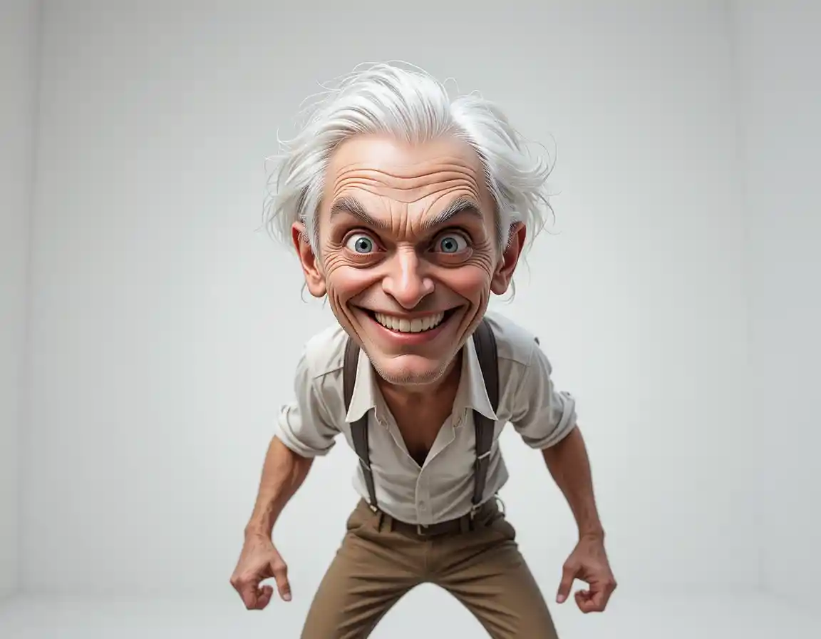 Vecchio sinistro in stile cartoon con capelli arruffati e ghigno