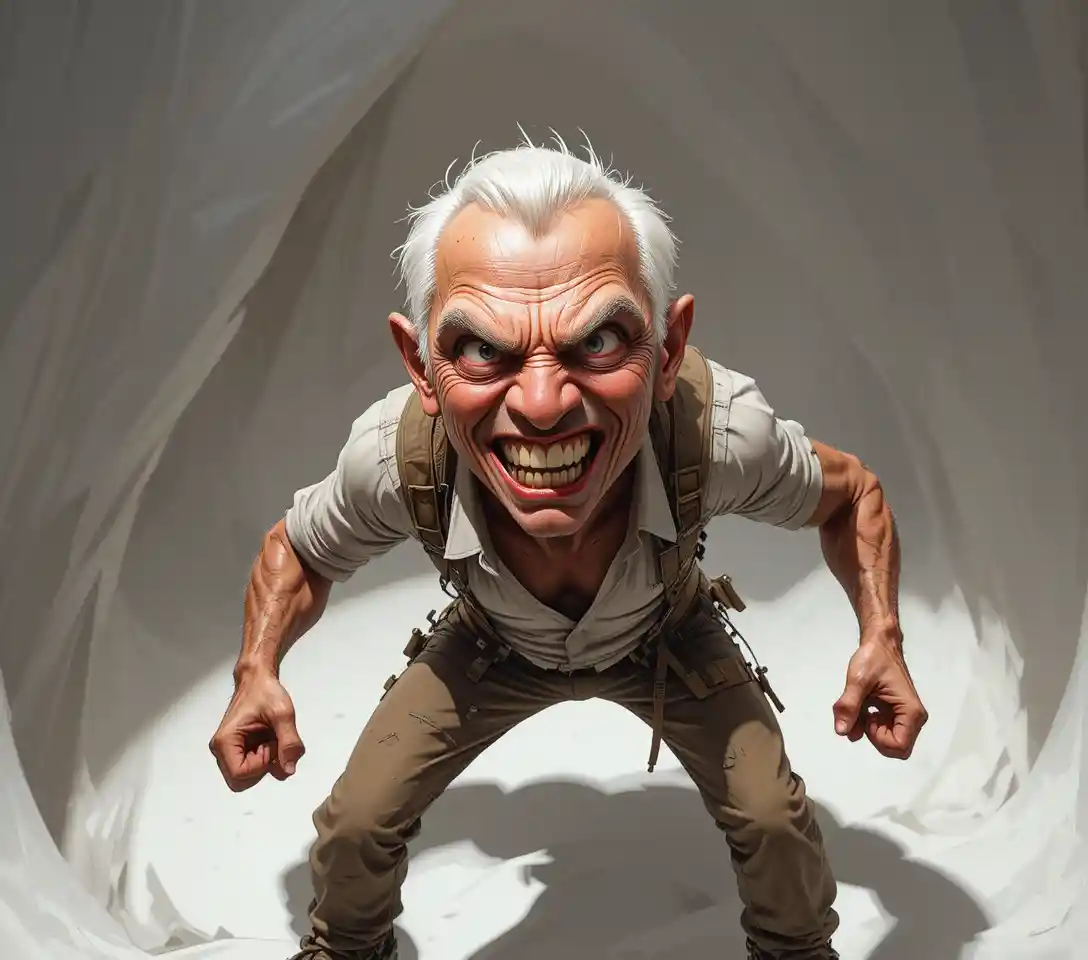 Vieux homme sinistre en dessin animé penché en avant, poing serré