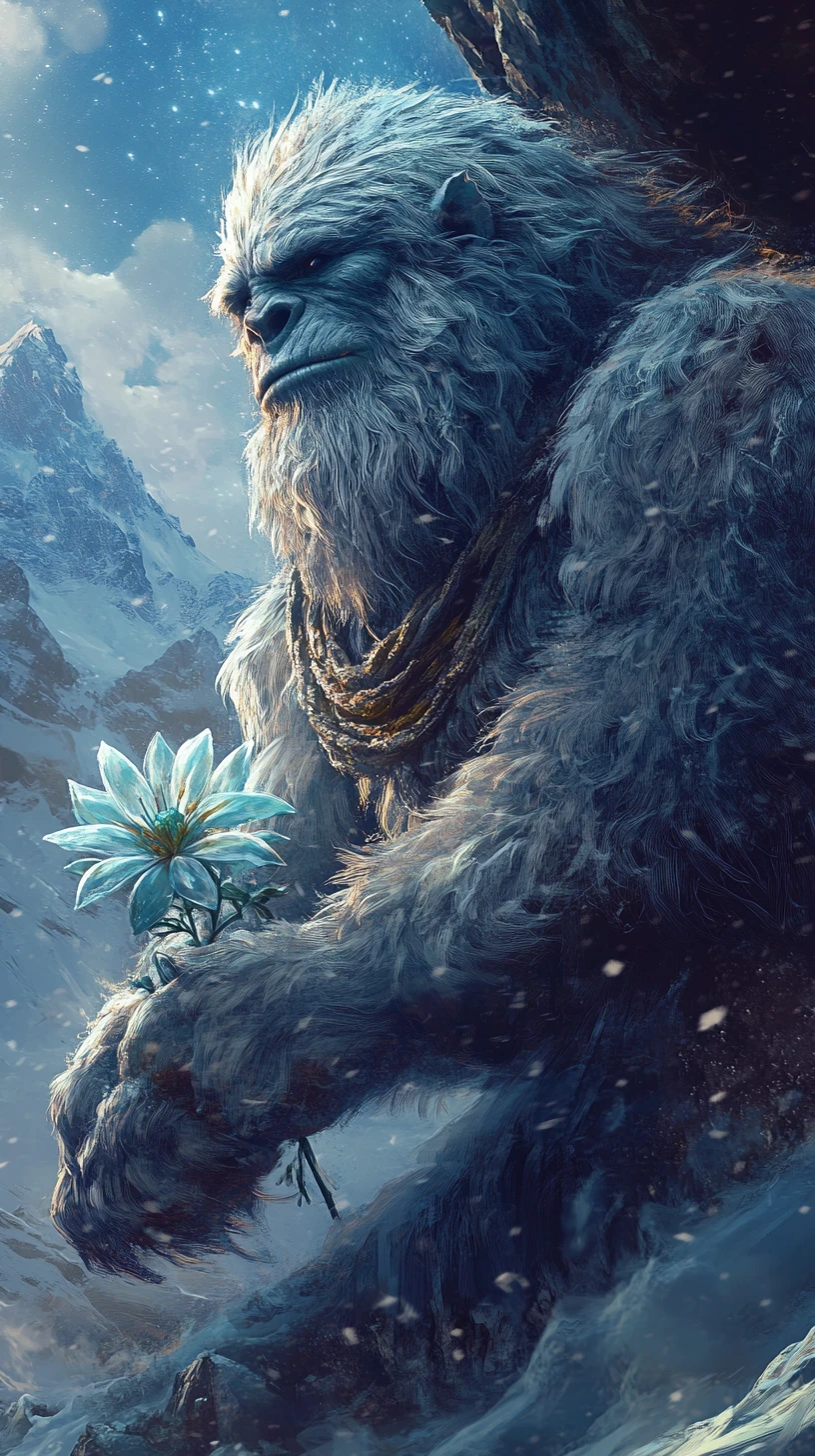 Yeti em close saindo de uma caverna em noite nevada