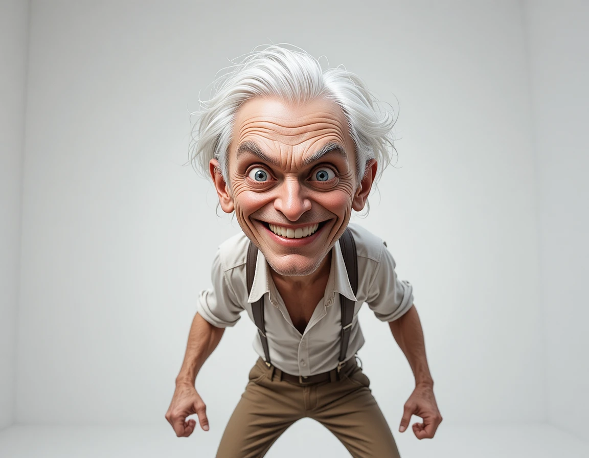 Velho sinistro em desenho animado com cabelo selvagem e sorriso sarcástico
