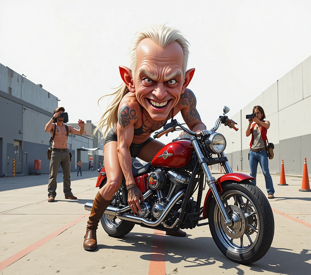 Mulher posando em moto vermelha em estacionamento urbano