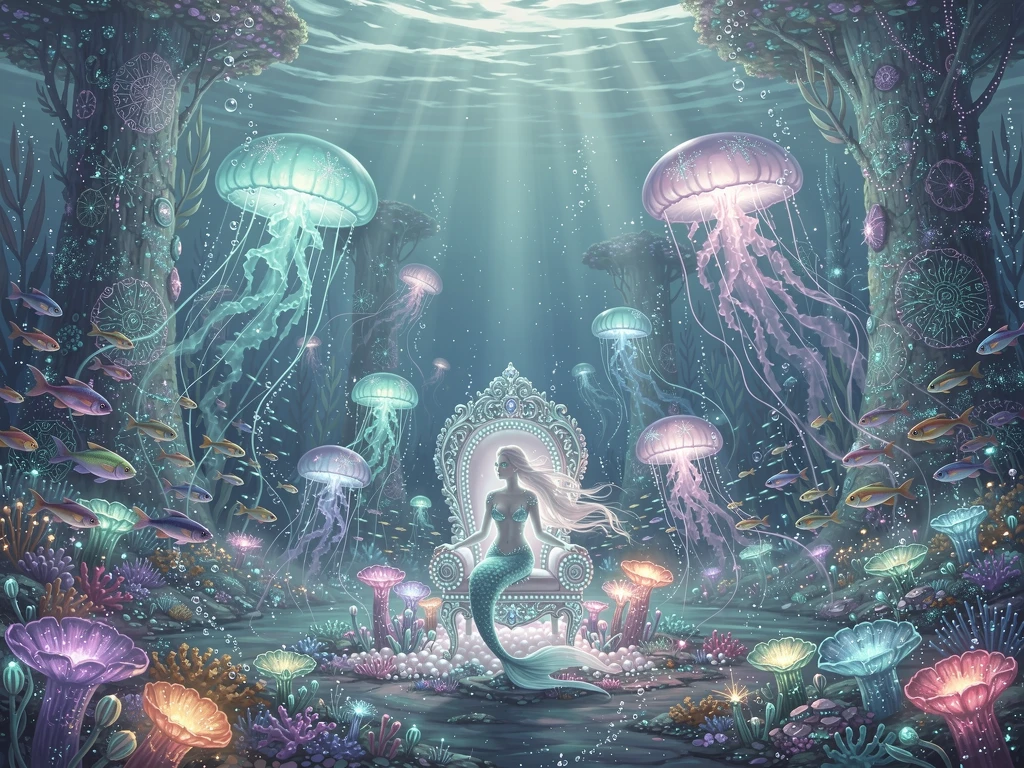 Sereia Serena em um Brilhante Jardim de Corais Submarino