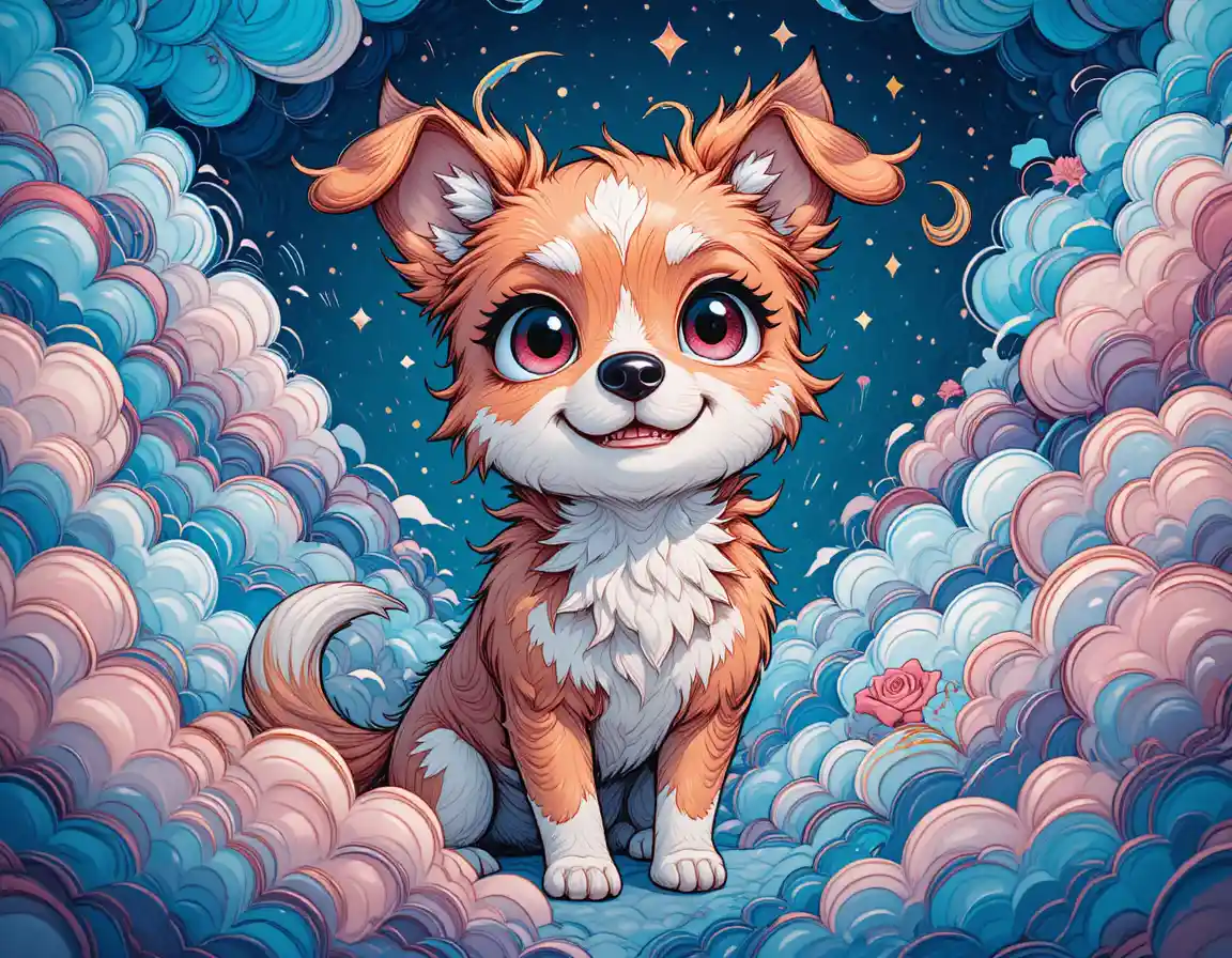 Cão Kawaii Alegre com Nuvens Coloridas em Redemoinho