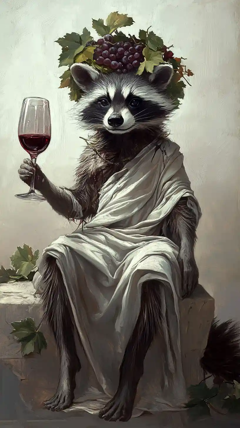 Anthropomorphic Raccoon Dionysus With Flowing Red Wine