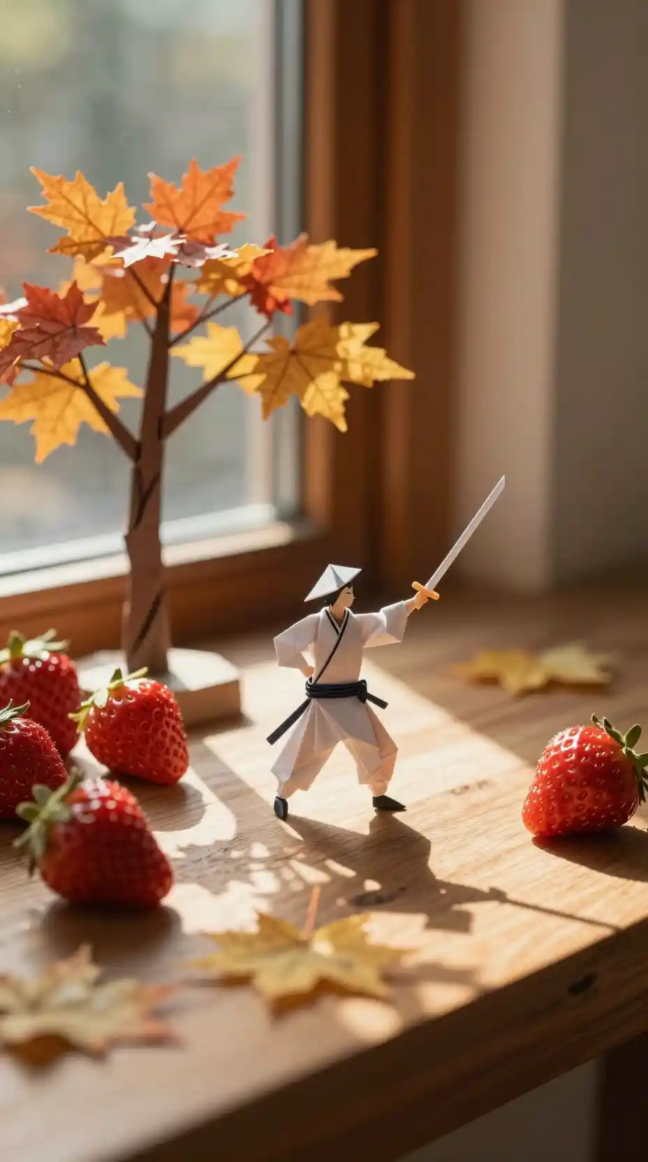 Miniature autumn still life on a wooden table by window