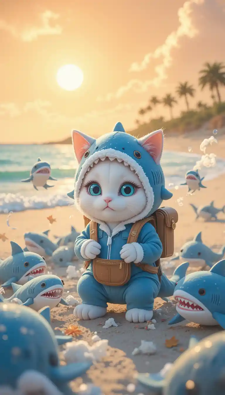 Gatto anime con tutina da squalo circondato da giocattoli sulla spiaggia