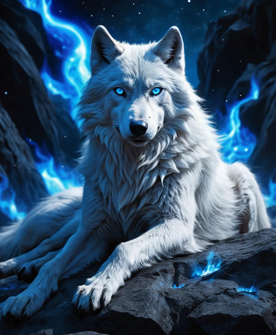 Lobo branco no vazio cósmico com chamas azuis em espiral