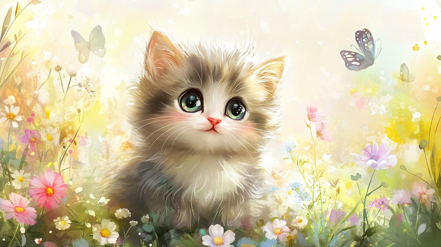 Chaton bébé dodu dans une prairie ensoleillée de fleurs à l’aquarelle
