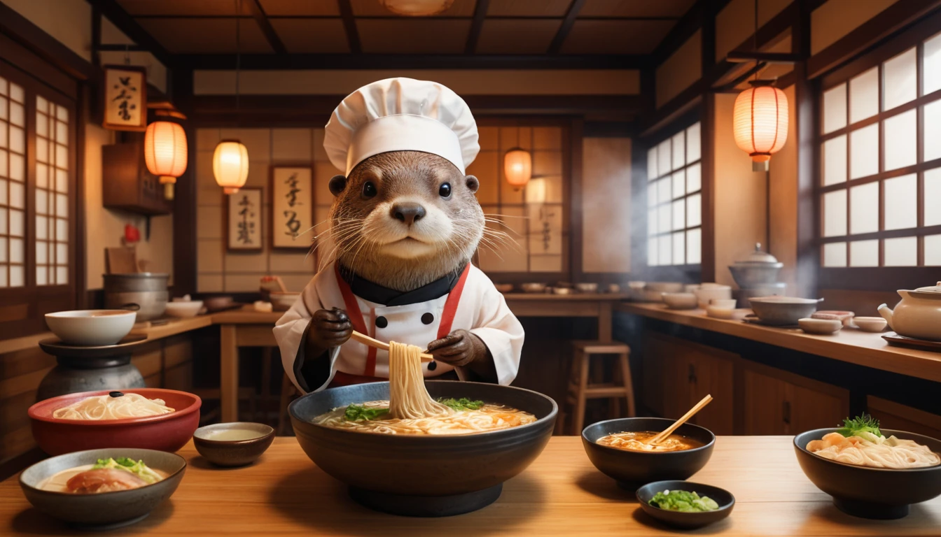 Anthropomorpher Otter-Koch bereitet Ramen in einem japanischen Restaurant zu