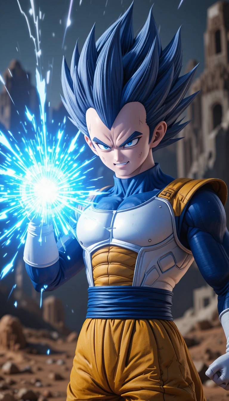 Guerreiro de anime 3D liberando um poderoso raio de energia azul