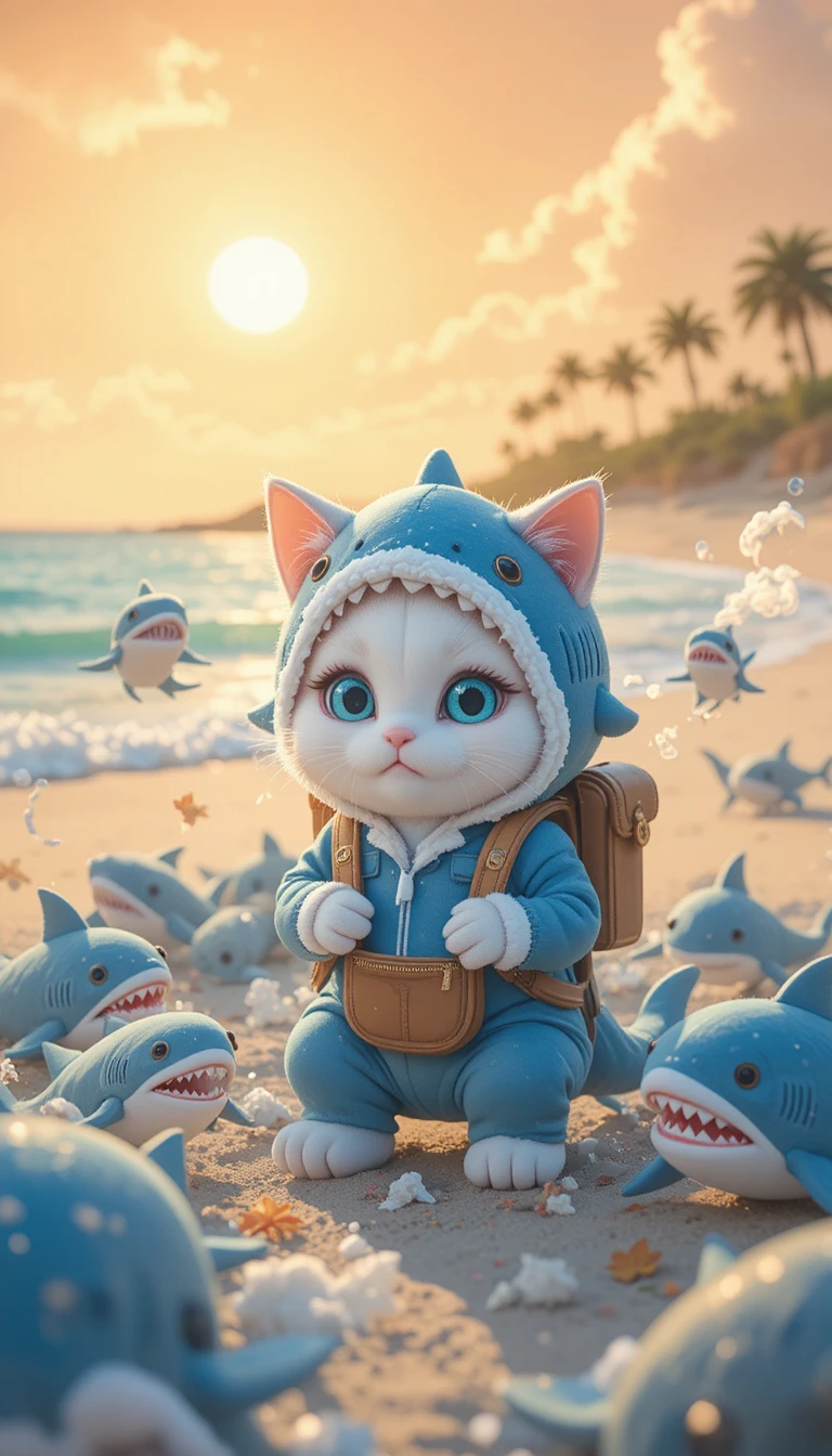 Gato de anime em macacão de tubarão cercado por brinquedos na praia