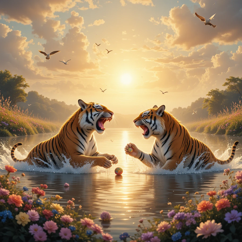 Tigres juguetones chapoteando en un lago de ensueño a la hora dorada