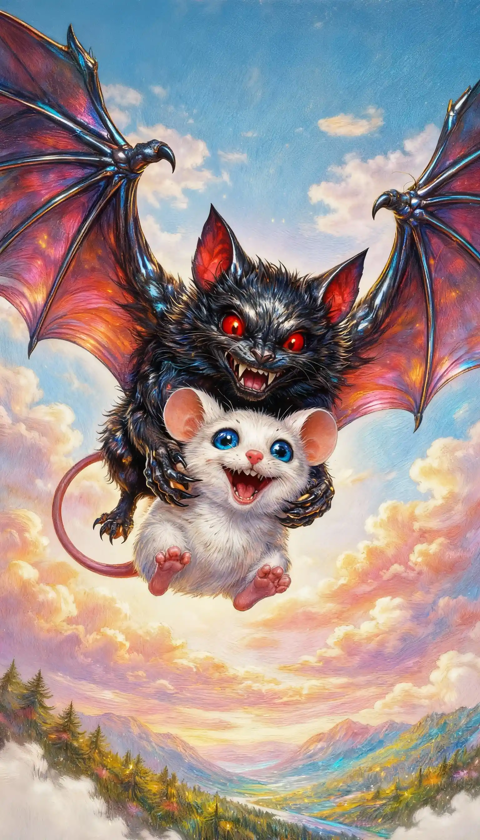 Morcego preto gigante carregando um alegre rato branco