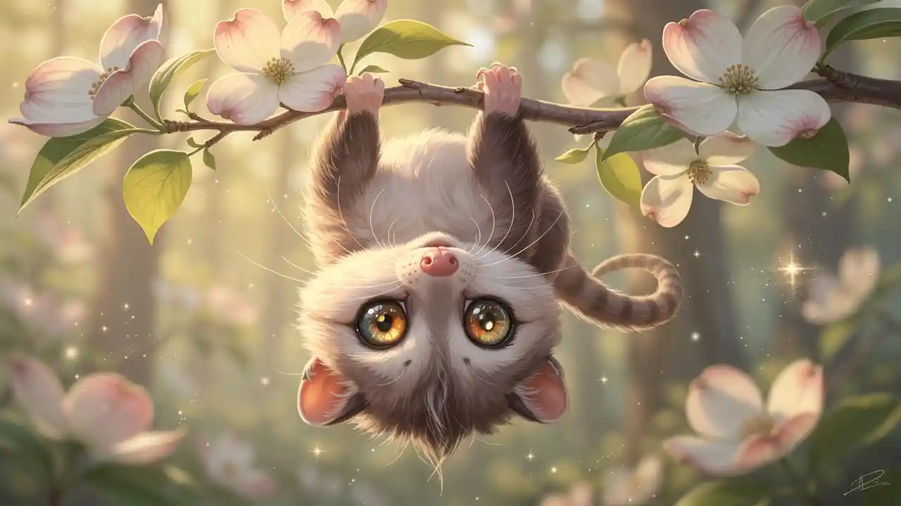 Cute baby opossum hanging from a blooming spring branch