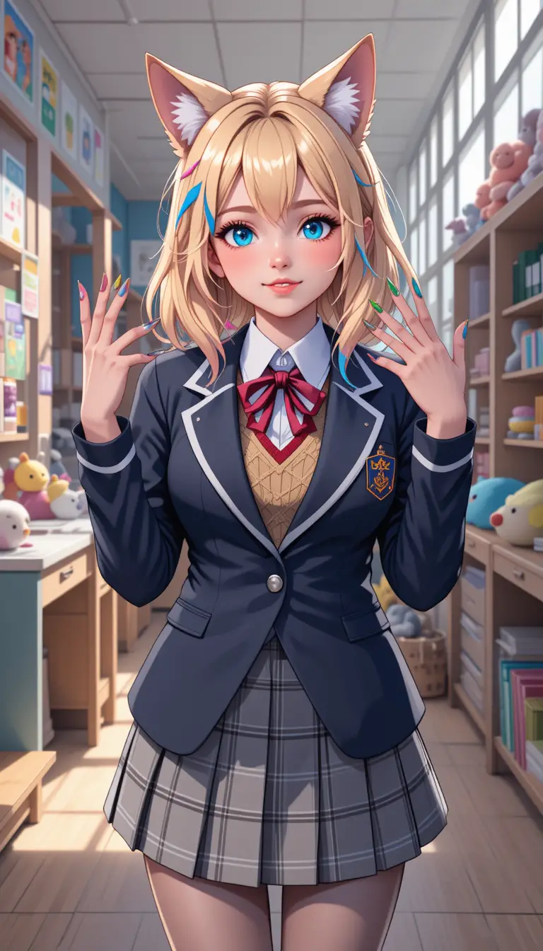 寮の部屋で人狼の特徴を持つ明るいアニメ風女子高生