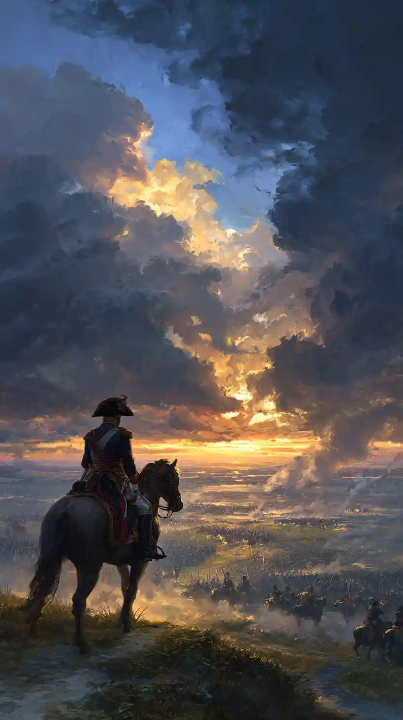 Napoléon à Cheval Surplombant un Champ de Bataille au Coucher du Soleil