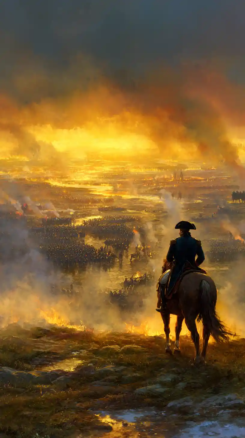 Napoleon zu Pferd mit Blick auf ein Schlachtfeld im Sonnenuntergang